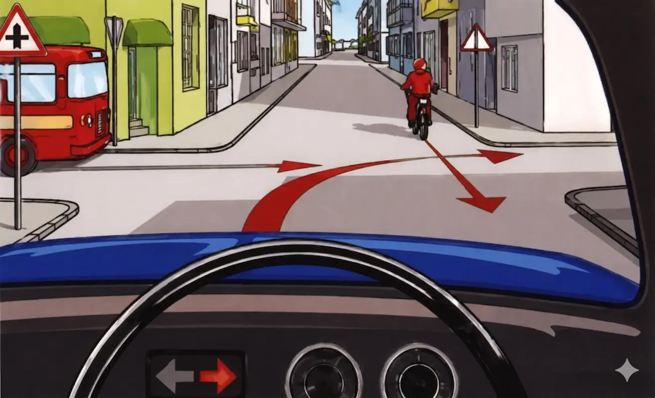 Driver's view approaching a priority sign at a junction turning left with a bus on the left and an oncoming motorcycle with priority proceeding ahead